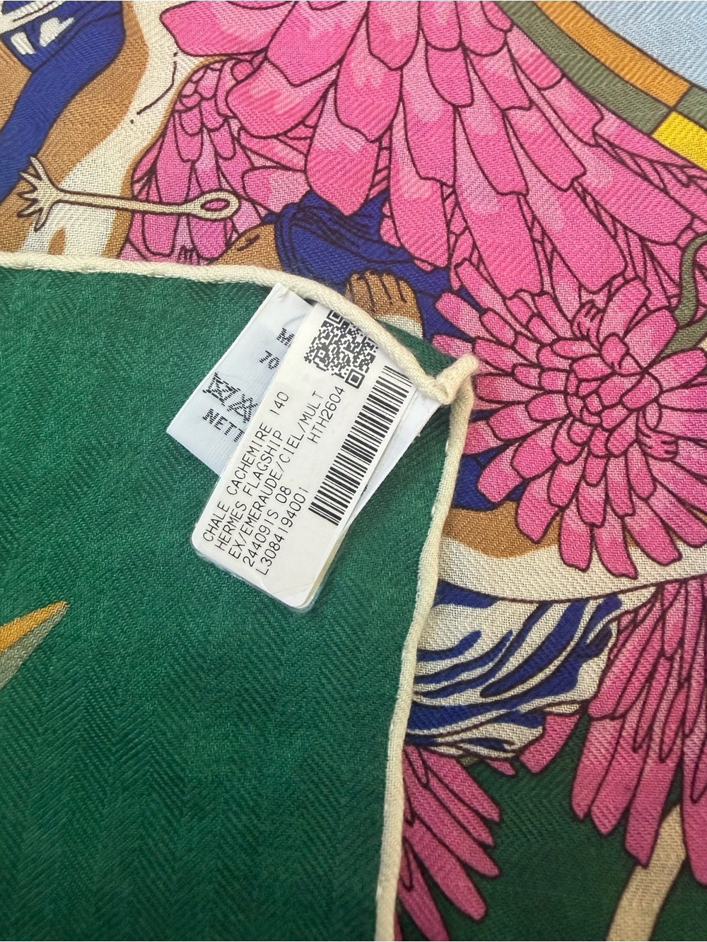 Hermes Green Silk Pocket Square with Pink, Blue and Cream Accents - Picture 3 of 10
